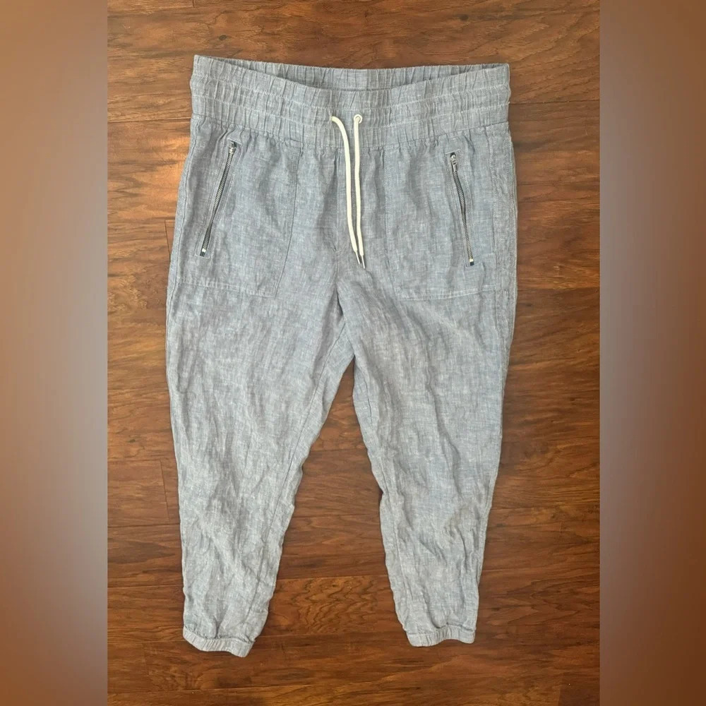 ATHLETA Cabo Linen Summer Resort Jogger Pants Chambray Blue Comfy Size 10